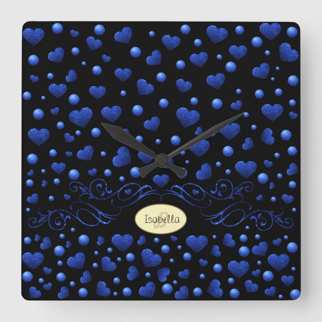Individuelle Name, Muster des blauen Herzens Glitz Quadratische Wanduhr (Vorderseite)