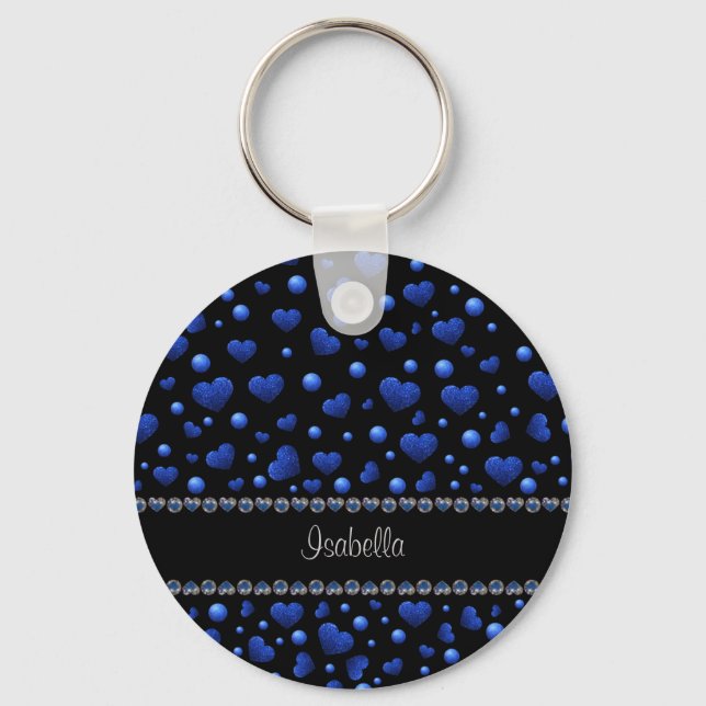 Individuelle Name, Muster des blauen Herzens Glitz Schlüsselanhänger (Vorderseite)