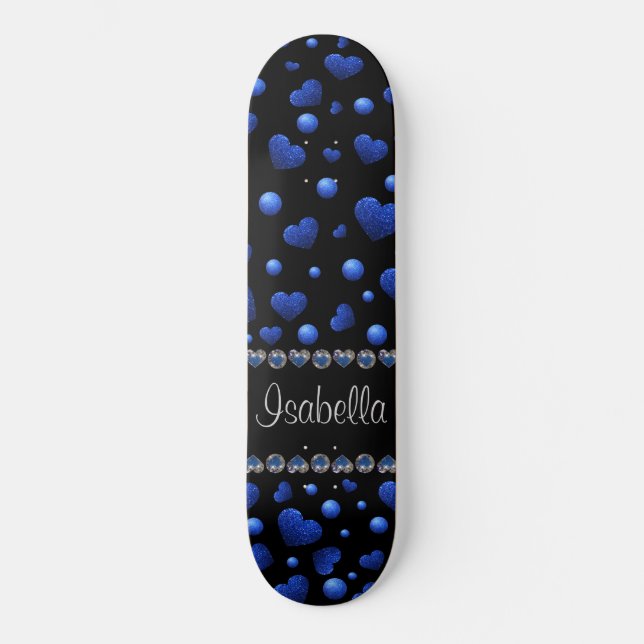 Individuelle Name, Muster des blauen Herzens Glitz Skateboard (Vorderseite)