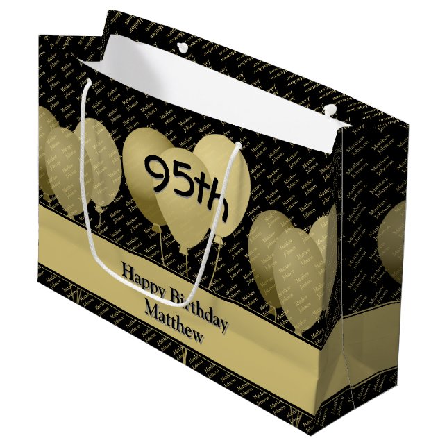 Individuelle Name Muster - Schwarze/goldene Balkon Große Geschenktüte (Vorderseite Schrägansicht)