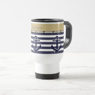 Individuelle Name Nautic Anchors Stripes Muster Reisebecher