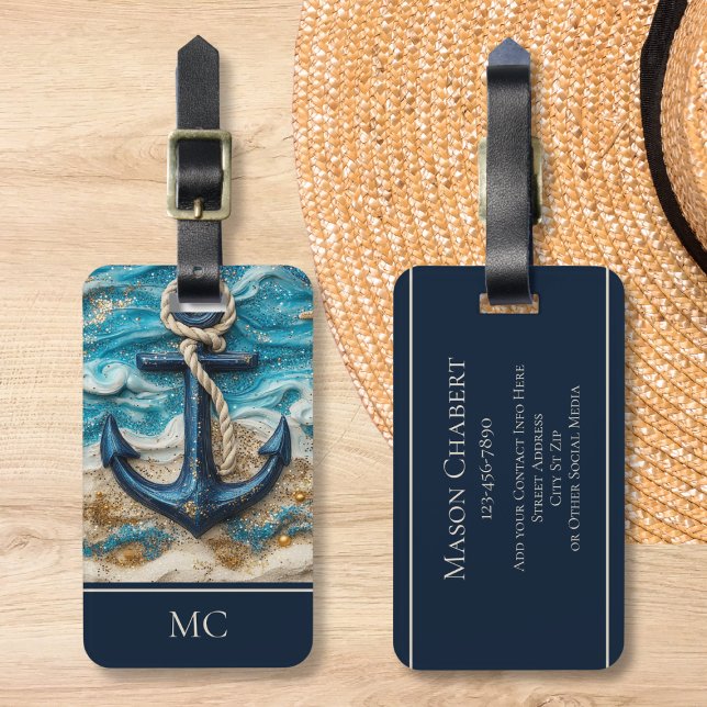 Individuelle Name Nautical Anchor Beach Gepäckanhänger (unique fantasy nautical anchor luggage tag with custom name and information)