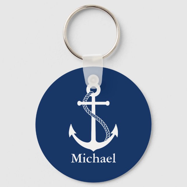 Individuelle Name Nautical Navy Blue mit weißem An Schlüsselanhänger (Vorderseite)