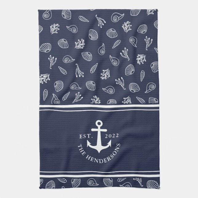 Individuelle Name Nautical Navy Blue White Anchor Geschirrtuch (Vertikal)
