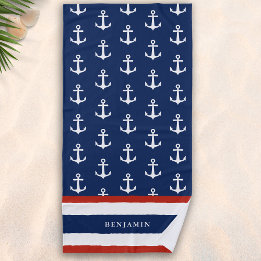 Individuelle Name Nautical Navy Blue White Anchor Strandtuch