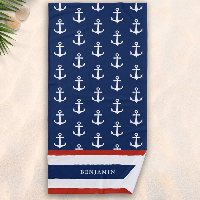 Individuelle Name Nautical Navy Blue White Anchor Strandtuch (Von Creator hochgeladen)