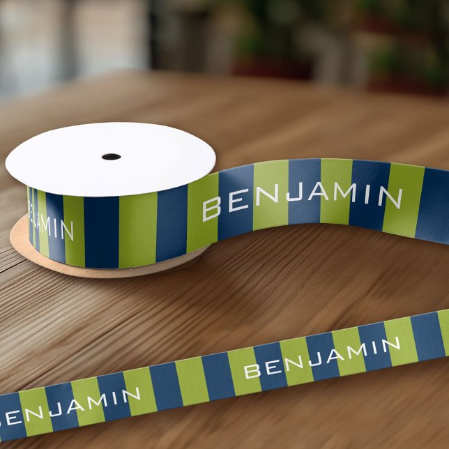 Individuelle Name Navy Blue und Lime Green Rugby S Satinband (Custom Ribbon - add your personalized text)