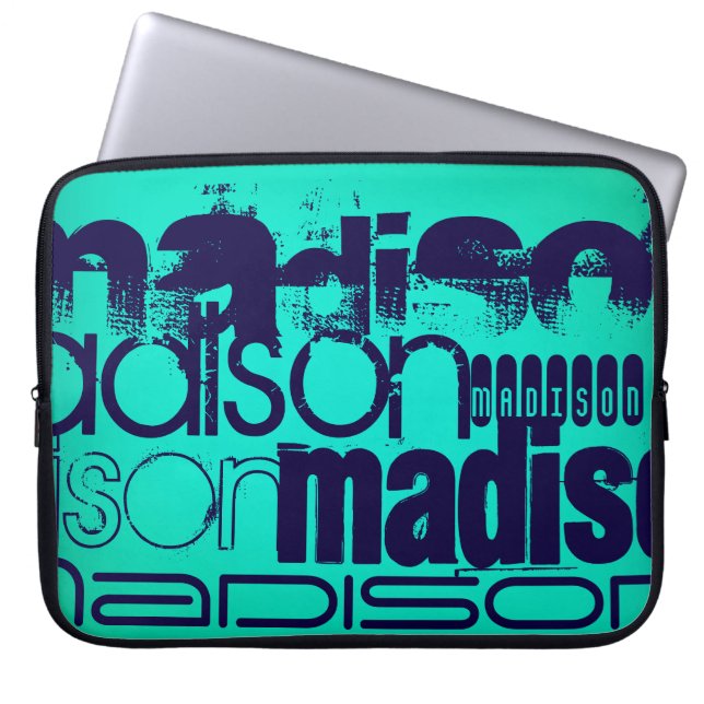 Individuelle Name; Navy Blue und Neon Aqua Türkis Laptopschutzhülle (Vorderseite)