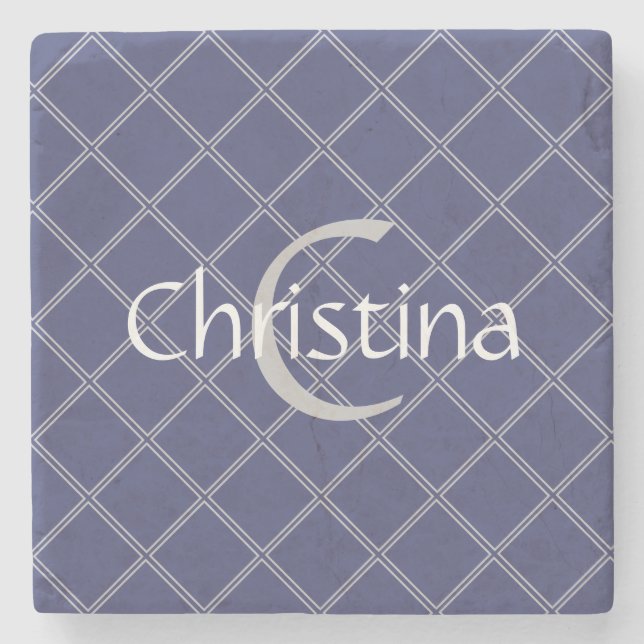 Individuelle Name Navy Blue und Silver Geometric Steinuntersetzer (Vorderseite)