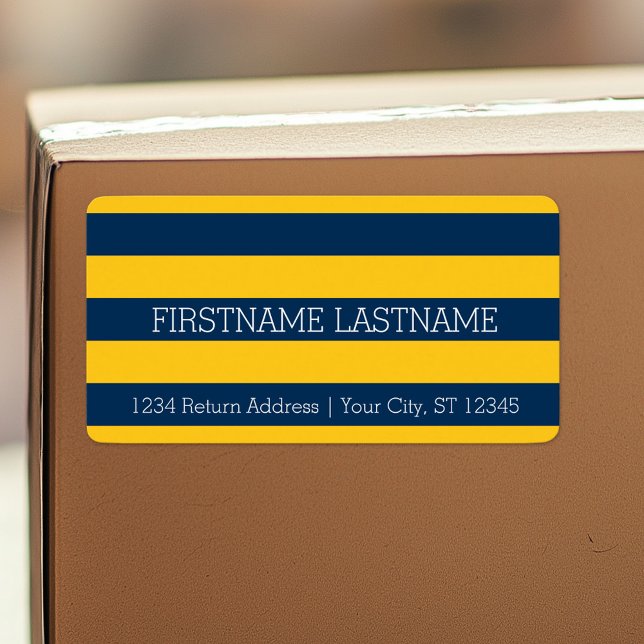 Individuelle Name Navy Blue und Yellow Rugby Strip Adressaufkleber (Custom Shipping Label with Return Address)