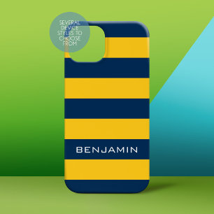 Individuelle Name Navy Blue und Yellow Rugby Strip Case-Mate iPhone 14 Hülle