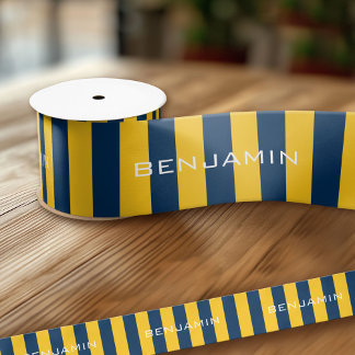 Individuelle Name Navy Blue und Yellow Rugby Strip Satinband