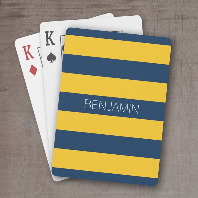Individuelle Name Navy Blue und Yellow Rugby Strip Spielkarten (Personalized playing cards - sporty, preppy stripe pattern with name. Great gift for the guys!)