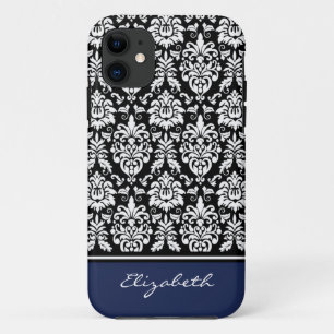 Individuelle Name Navy Schwarz-weiß Damask Case-Mate iPhone Hülle