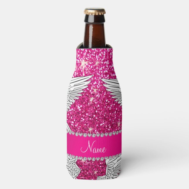 Individuelle Name Nebel Rosa Glitzer Engelsflügel Flaschenkühler (Flaschenvorderseite)