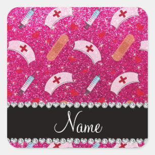 Individuelle Name Neon Hot Rosa Glitzer Krankensch Quadratischer Aufkleber