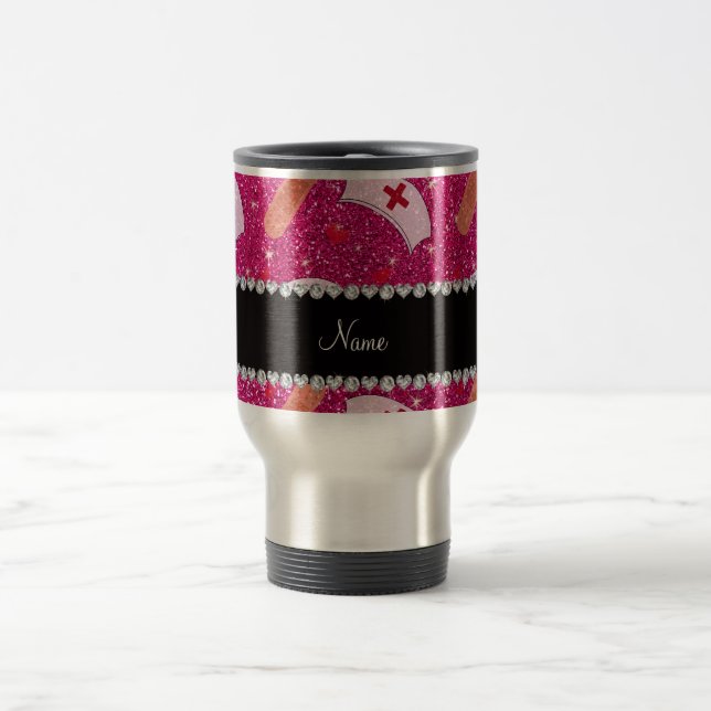 Individuelle Name Neon Hot Rosa Glitzer Krankensch Reisebecher (Mittel)