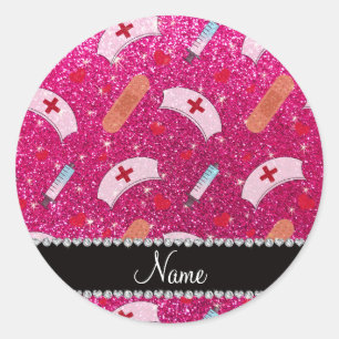 Individuelle Name Neon Hot Rosa Glitzer Krankensch Runder Aufkleber