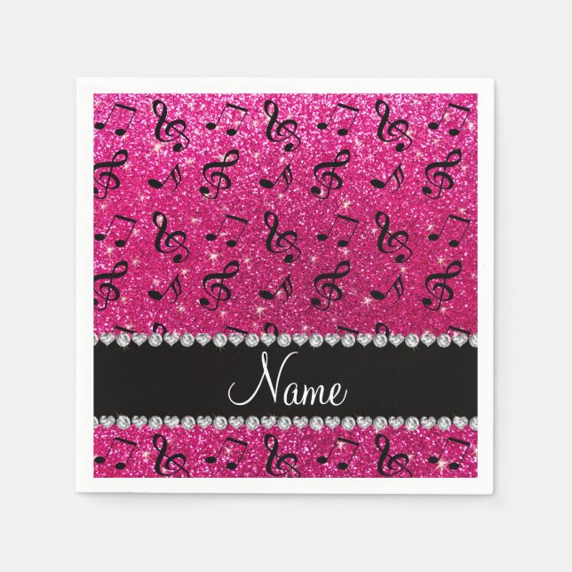 Individuelle Name Neon Hot Rosa Glitzer Musiknoten Serviette (Vorderseite)