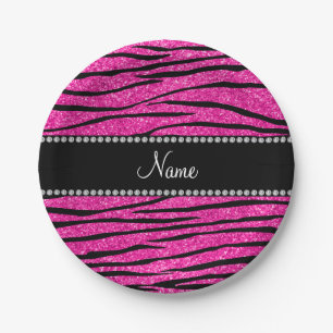 Individuelle Name Neon Hot Rosa Glitzer Zebra Stre Pappteller