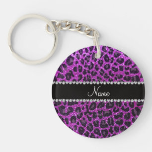 Individuelle Name Neon lila Glitzer Leopard Druck Schlüsselanhänger