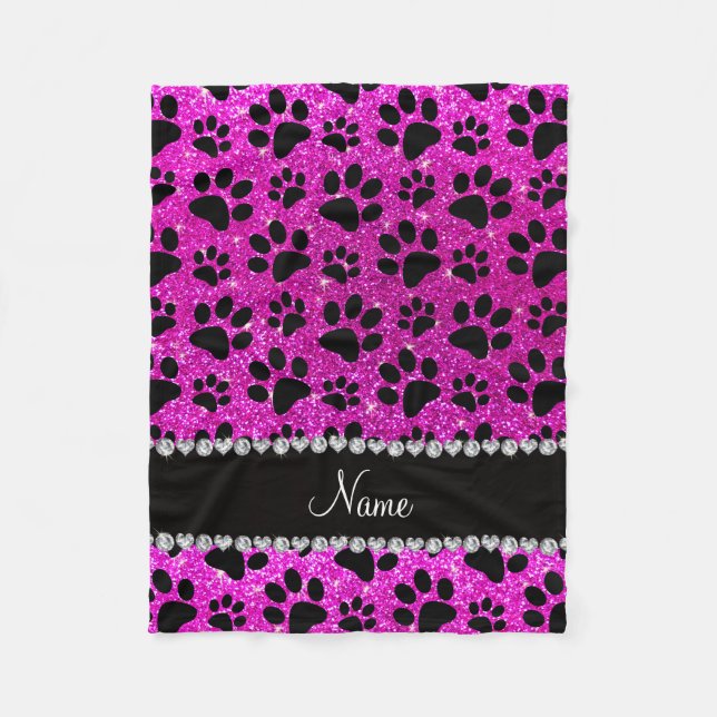 Individuelle Name Neon Rosa Glitzer Schwarzer Hund Fleecedecke (Vorderseite)