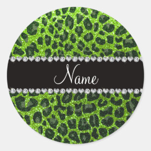Individuelle Name Neongrün Glitzer Leopard Druck Runder Aufkleber