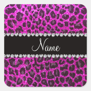 Individuelle Name Neonrosa Glitzer Leopard Druck Quadratischer Aufkleber