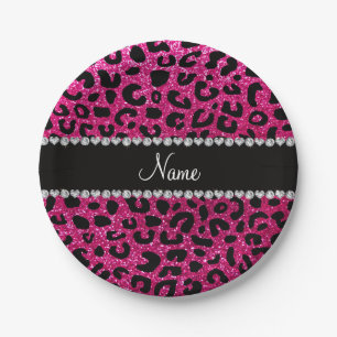 Individuelle Name Neonrot Hot Rosa Glitzer Cheetah Pappteller