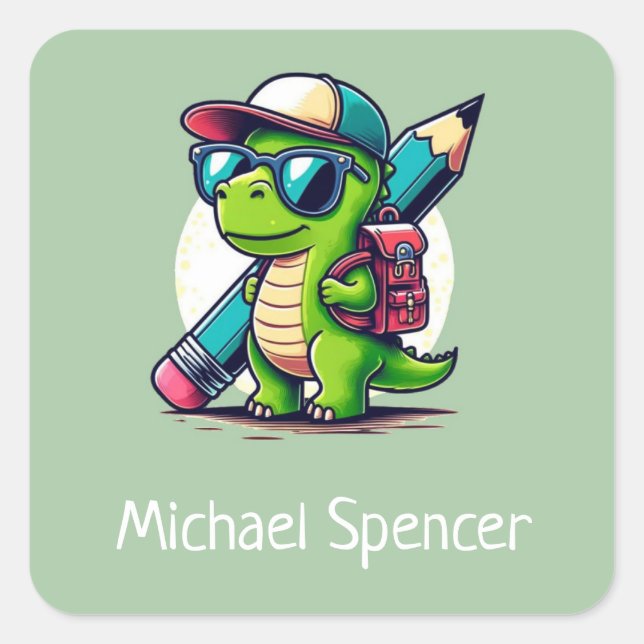 Individuelle Name Niedlich Boys Dinosaurier Green Quadratischer Aufkleber (Vorderseite)