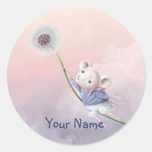 Individuelle Name Niedlich Fantasy Mouse Dandelion Runder Aufkleber (Vorderseite)