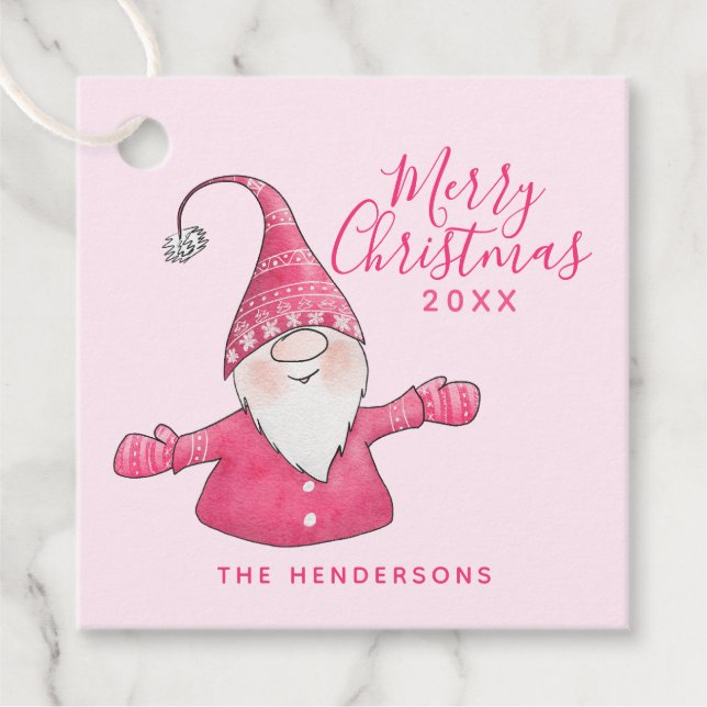 Individuelle Name Niedlich Gnome Pink Frohe Weihna Geschenkanhänger (Vorderseite)