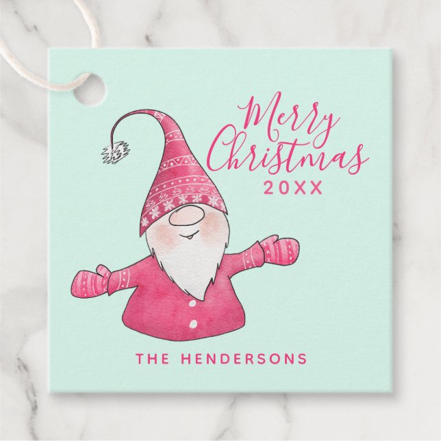 Individuelle Name Niedlich Gnome Pink Mint Frohe W Geschenkanhänger (Vorderseite)