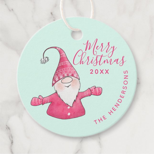 Individuelle Name Niedlich Gnome Pink Mint Frohe W Geschenkanhänger (Vorderseite)