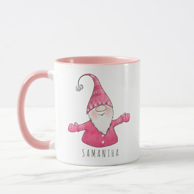 Individuelle Name Niedlich Gnome Pink Weihnachten Tasse (Links)