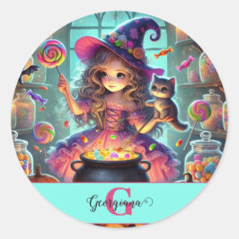 Individuelle Name Niedliche Whimsical HexenHallowe Runder Aufkleber