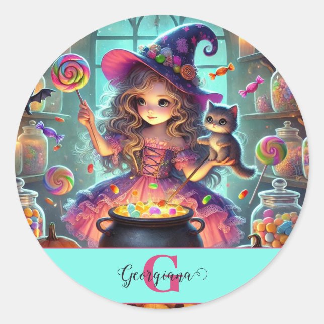 Individuelle Name Niedliche Whimsical HexenHallowe Runder Aufkleber (Vorderseite)