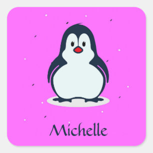 Individuelle Name niedlicher Pinguin auf rosa Quadratischer Aufkleber