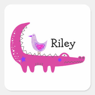 Individuelle Name Niedlicher, rosa Alligator und S Quadratischer Aufkleber