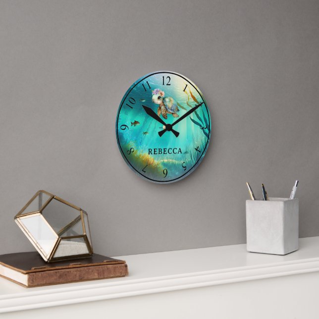 Individuelle Name Niedlicher Schildkrötenmeer Hint Runde Wanduhr (Büro)