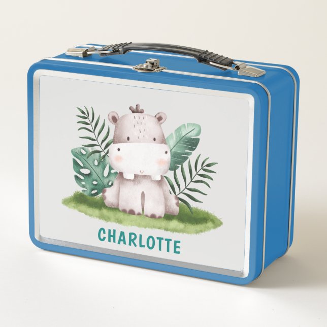 Individuelle Name Niedlicher Tiere Hippo Kinder Metall Brotdose (Vorderseite)