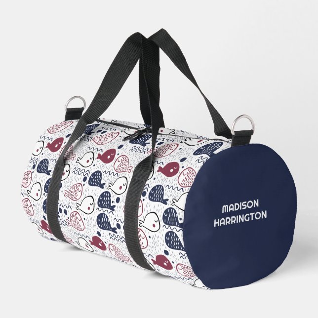 Individuelle Name Niedliches Fischmuster Duffle Bag (Linke Seite)
