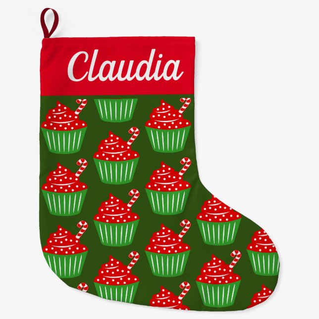 Individuelle Name niedliches Tortenkuchenmuster ex Großer Weihnachtsstrumpf (Vorderseite)