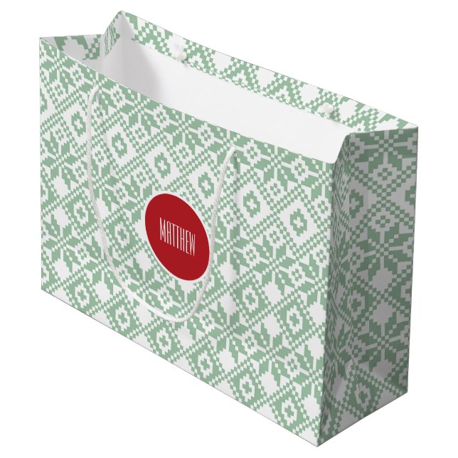 Individuelle Name Nordic Snowflake Pattern Große Geschenktüte (Vorderseite Schrägansicht)