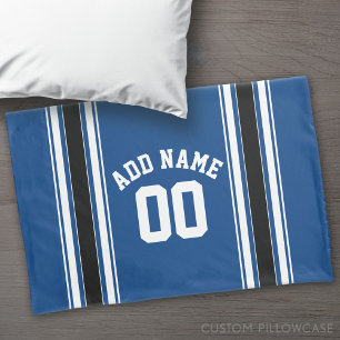 Individuelle Name Nummer der Streifen in Blau und Kissenbezug