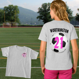 Individuelle Name Nummer Rosa weißer Fußballball T-Shirt