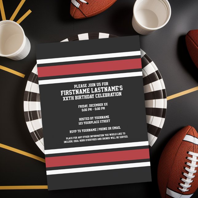 Individuelle Name Nummer Schwarz und Rot Einladung (Birthday Party Invitation - Sports Theme - Football Party Invitation)