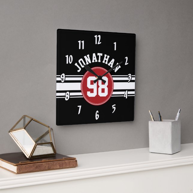 Individuelle Name Nummer Schwarz und Rot Quadratische Wanduhr (Büro)