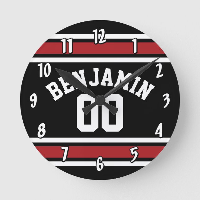 Individuelle Name Nummer Schwarz und Rot Runde Wanduhr (Vorderseite)