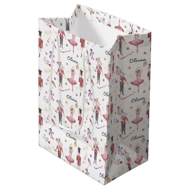 Individuelle Name Nutcracker Ballerina Weihnachten Mittlere Geschenktüte (Vorderseite Schrägansicht)